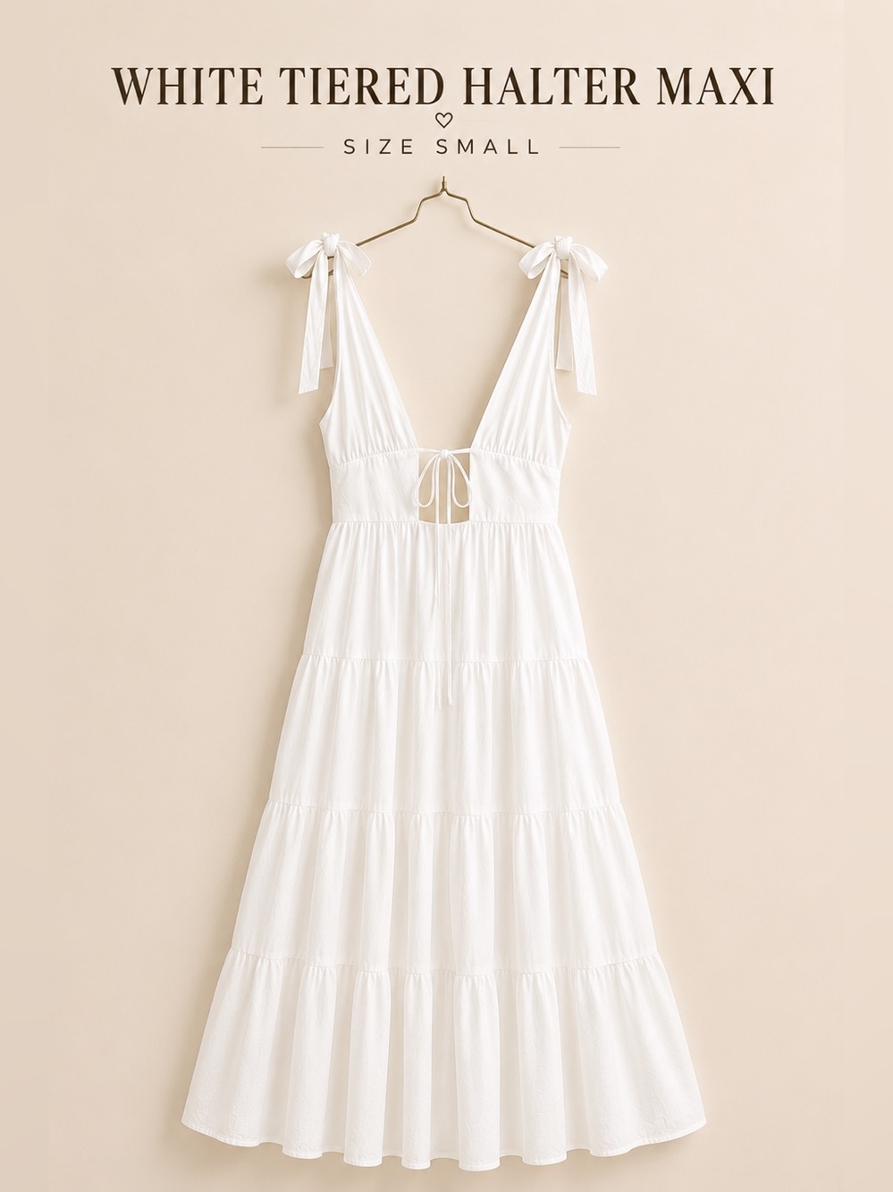 White Tiered Halter Maxi Dress Small Adjustable Straps Boho Cottagecore - Picture 3 of 6